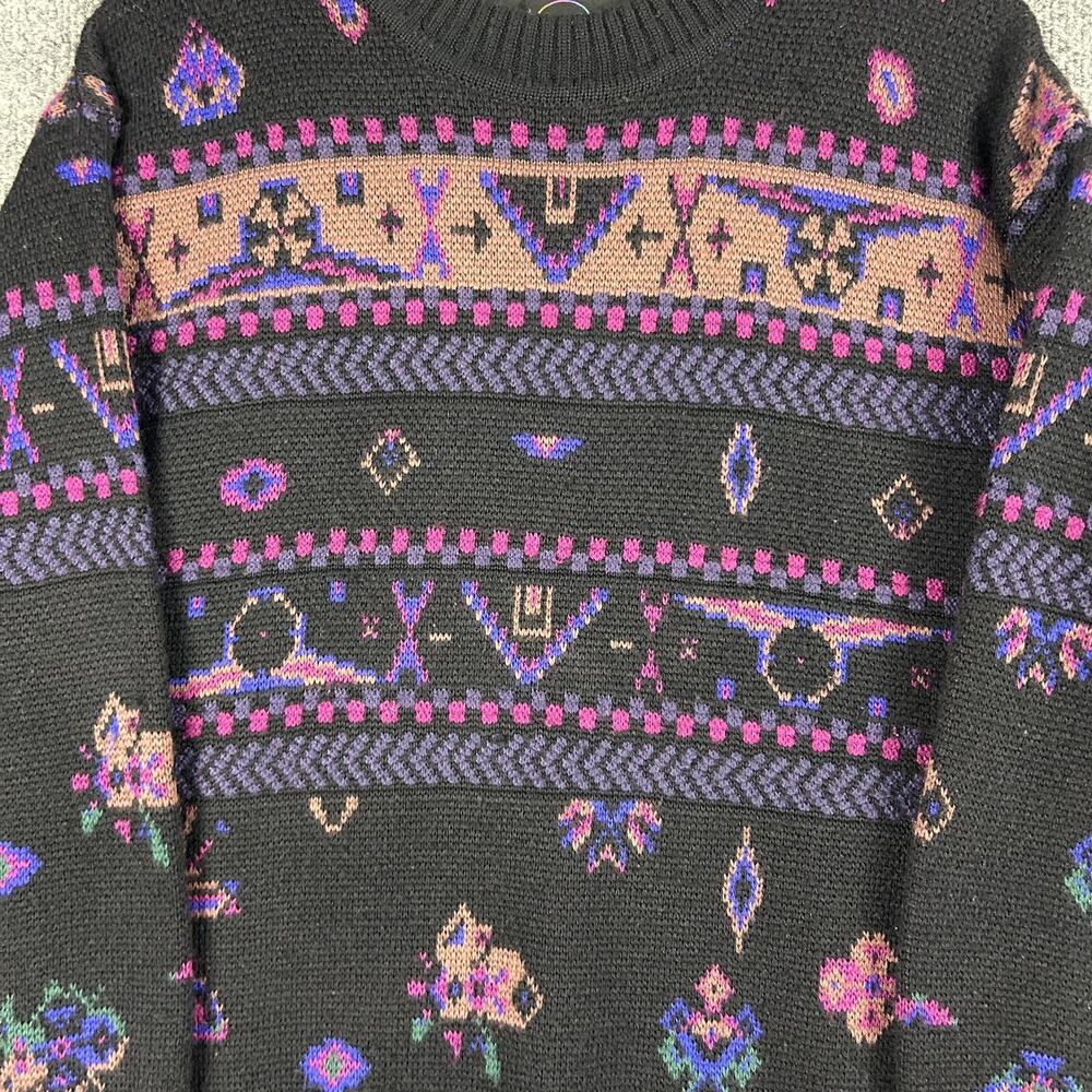 Vintage Bogner Sweater Mens Small Black Fair Isle Knit Crewneck Hong Kong 80s - Picture 2 of 9